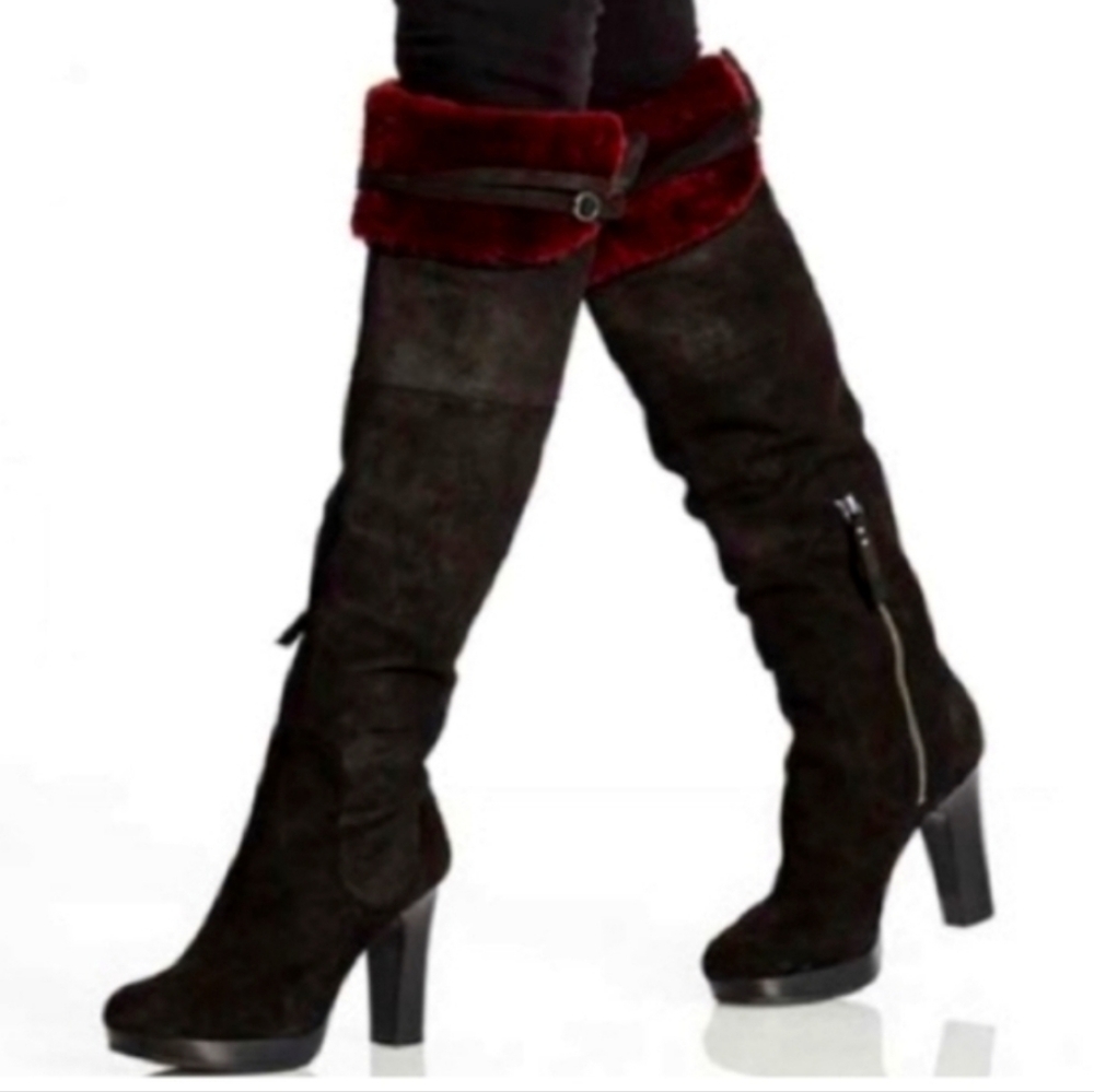 Ugg Ophira Suede Over The Knee Boots Lamb Fur Cuff Designer Heeled Boot #199